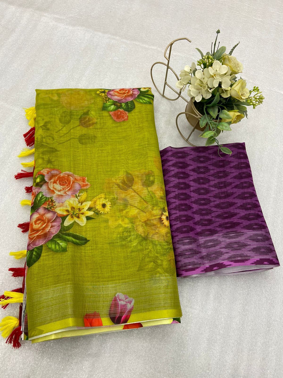 Digital Printed Linen Saree with Silver Weaving Patta