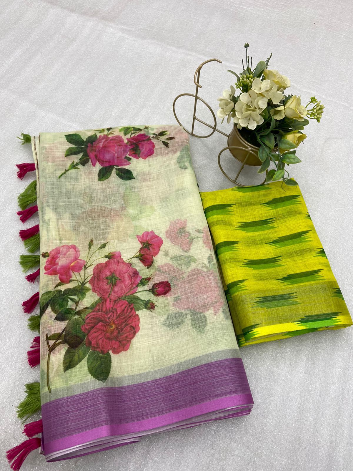 Digital Printed Linen Saree with Silver Weaving Patta