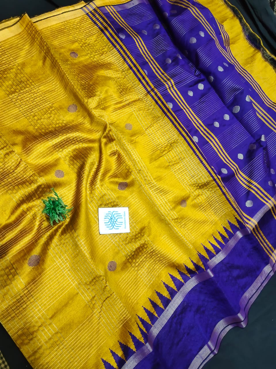 Semi Raw silk saree with temple border and body coin buti