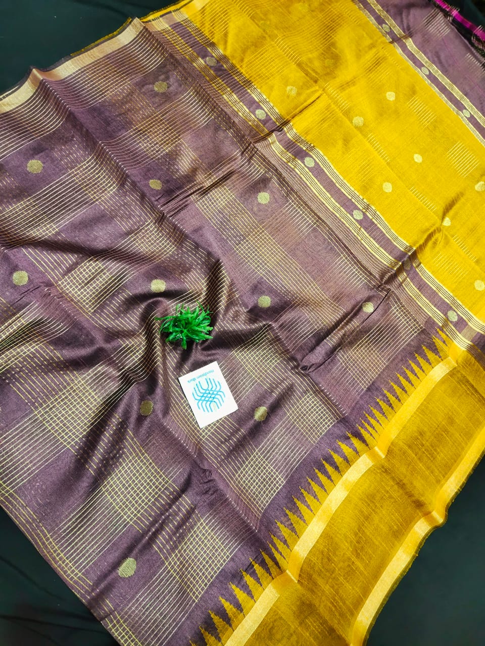 Semi Raw silk saree with temple border and body coin buti