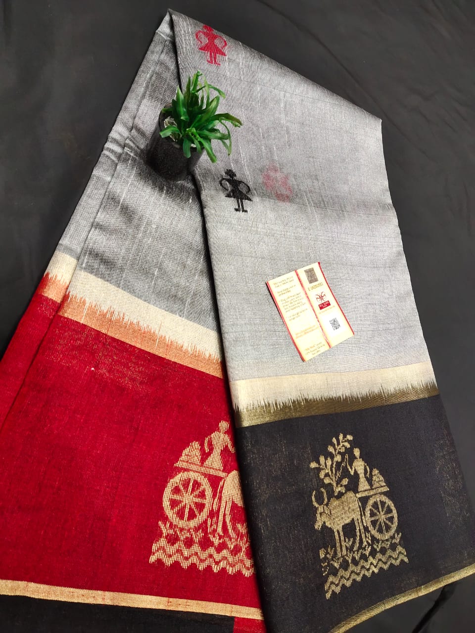 Pure raw silk silk Bandhini saree with Ganga Jamuna and tribal art border