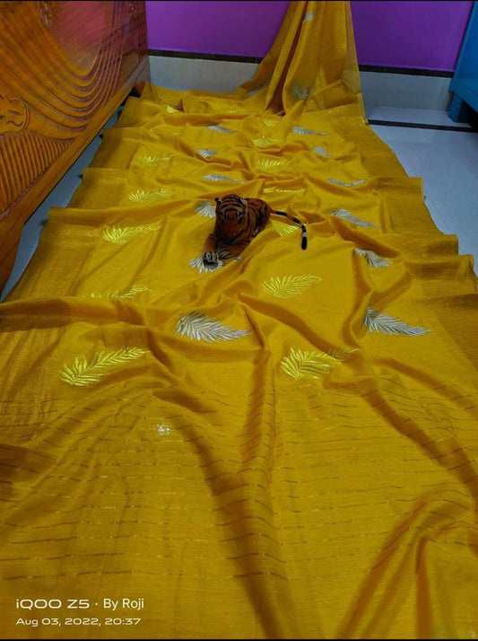 Embroidered Pure Tussar Linen Saree with Golden Zari Border