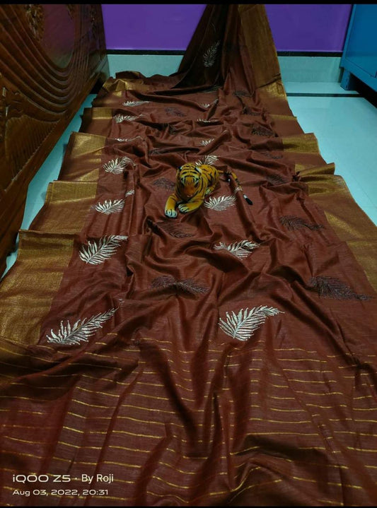 Embroidered Pure Tussar Linen Saree with Golden Zari Border