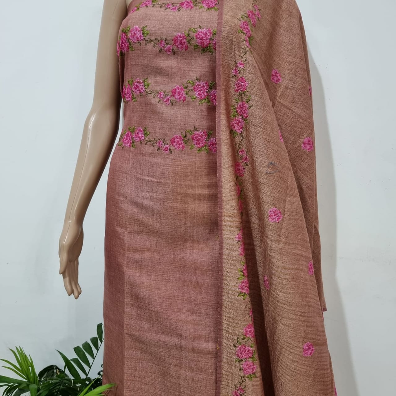 Cross Stitched Embroidered  Dupion Suits Material