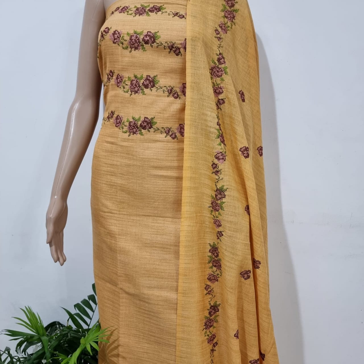Cross Stitched Embroidered  Dupion Suits Material