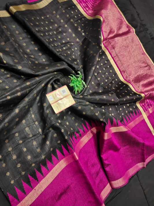 Pure raw silk saree with temple border and all over border or body bindi buti