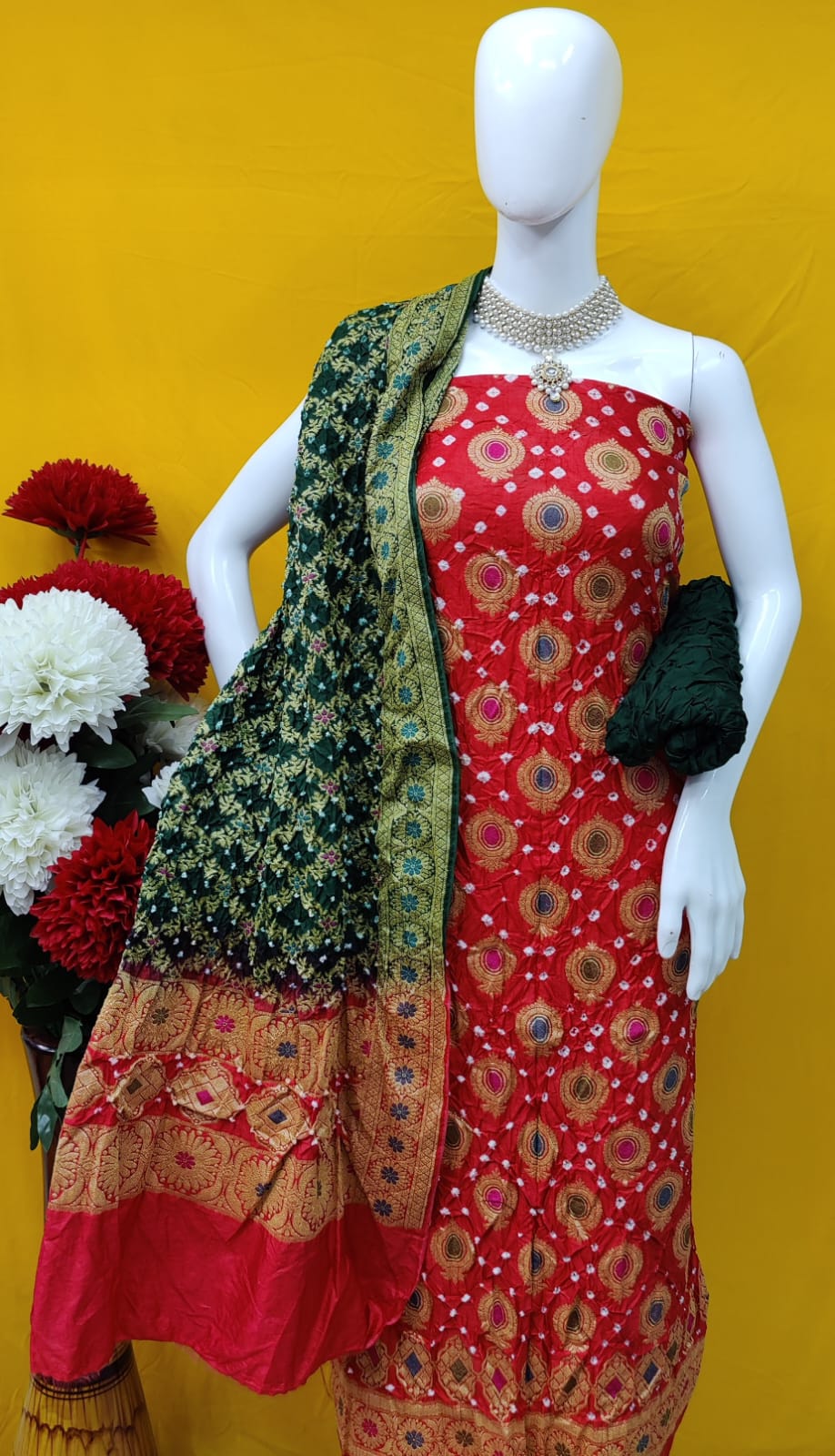 Dupion Silk Bandhej Suits with Jamawar Dupatta
