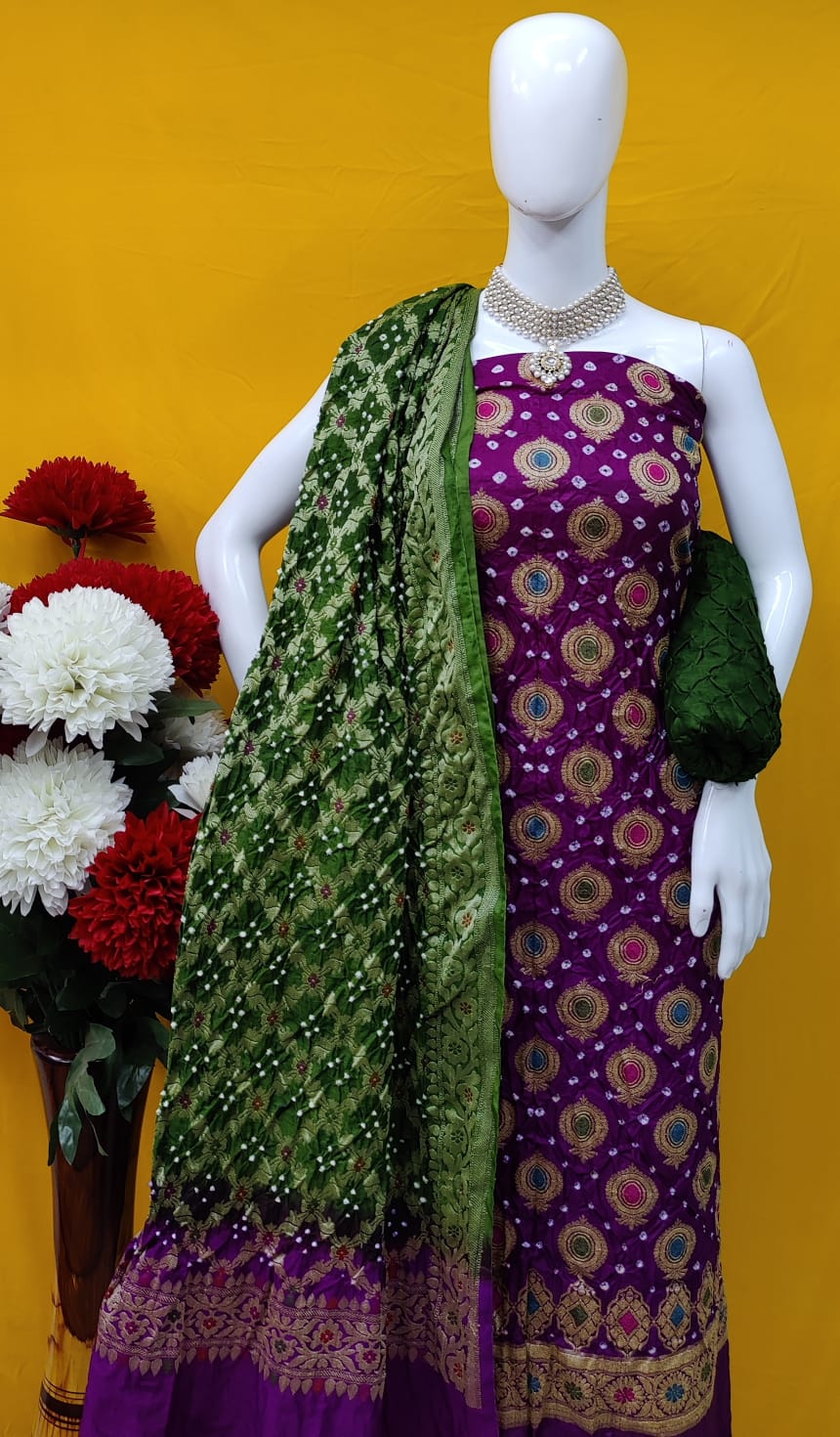 Dupion Silk Bandhej Suits with Jamawar Dupatta
