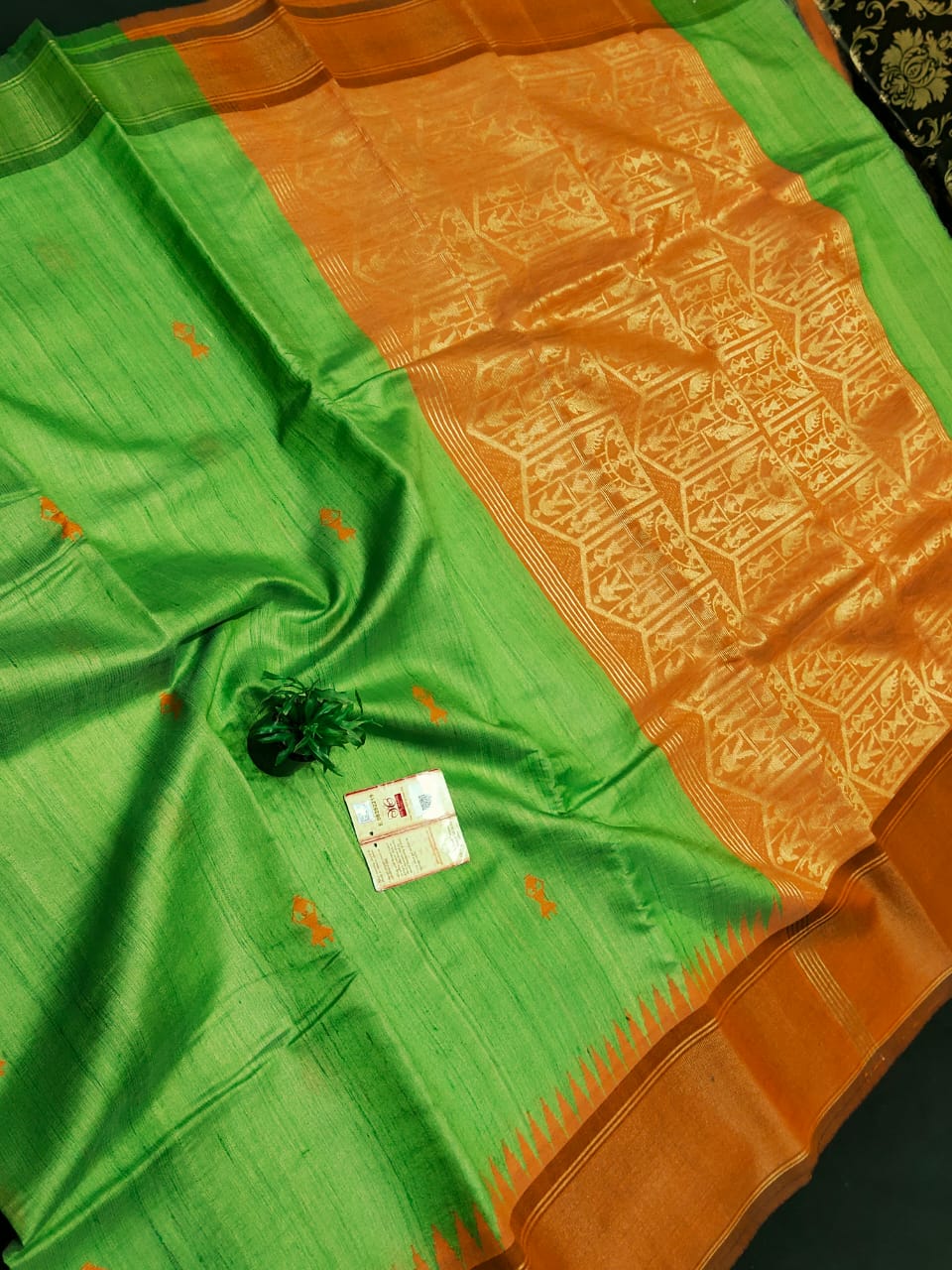Pure Tussar silk saree with temple border and buti