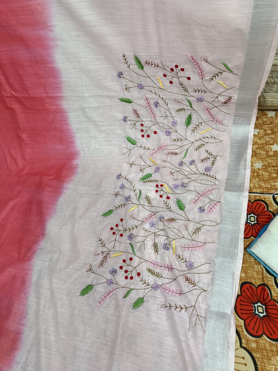 Hand embroidered pure linen by linen Saree