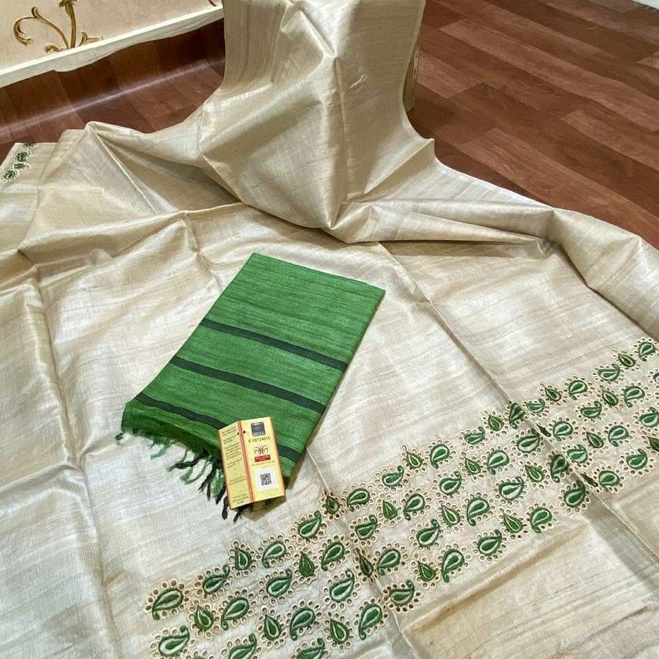 Pure desi Tussar cutwork top with tussar Ghicha plain dupatta