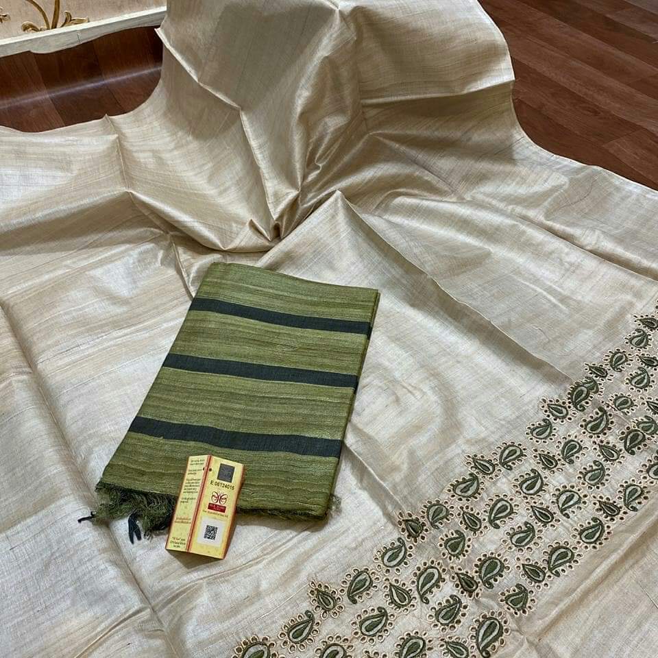 Pure desi Tussar cutwork top with tussar Ghicha plain dupatta