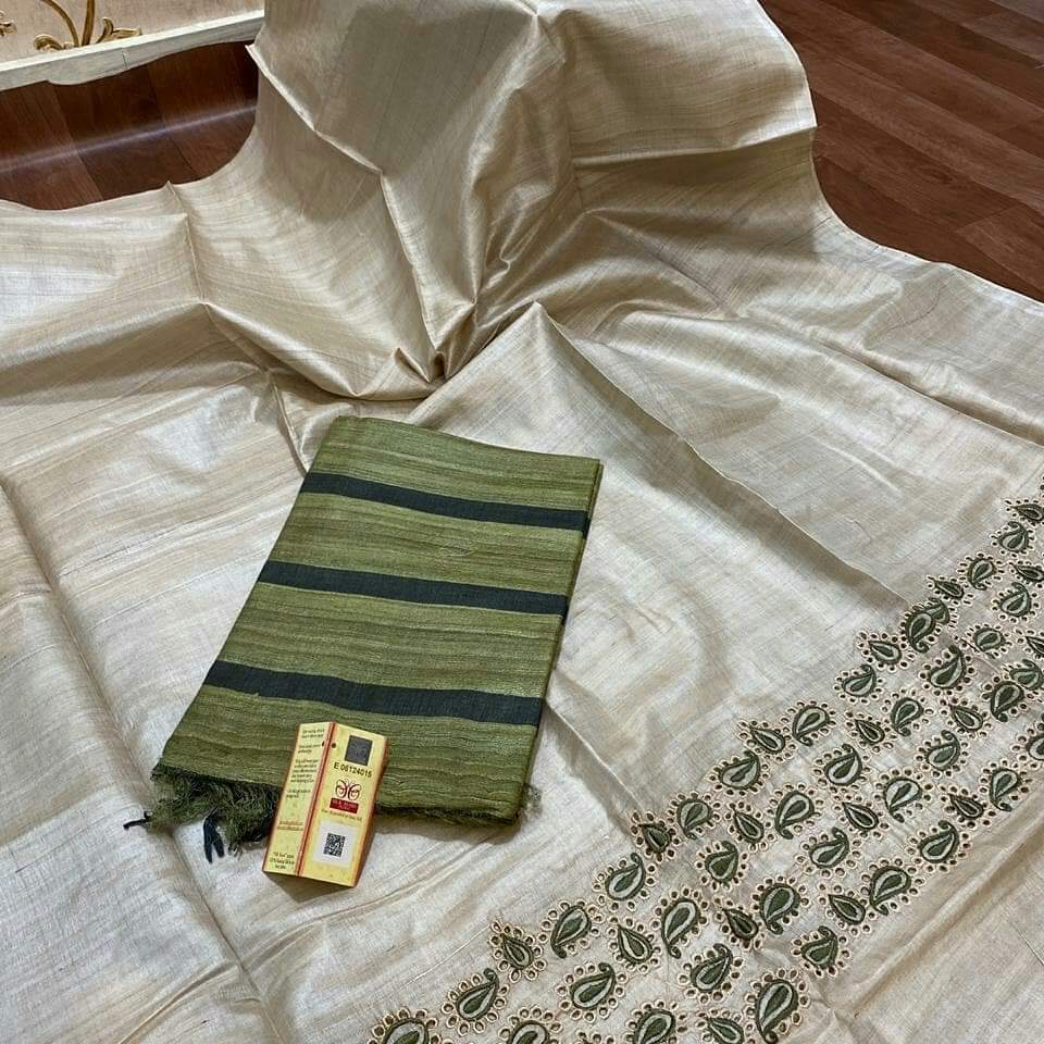 Pure desi Tussar cutwork top with tussar Ghicha plain dupatta