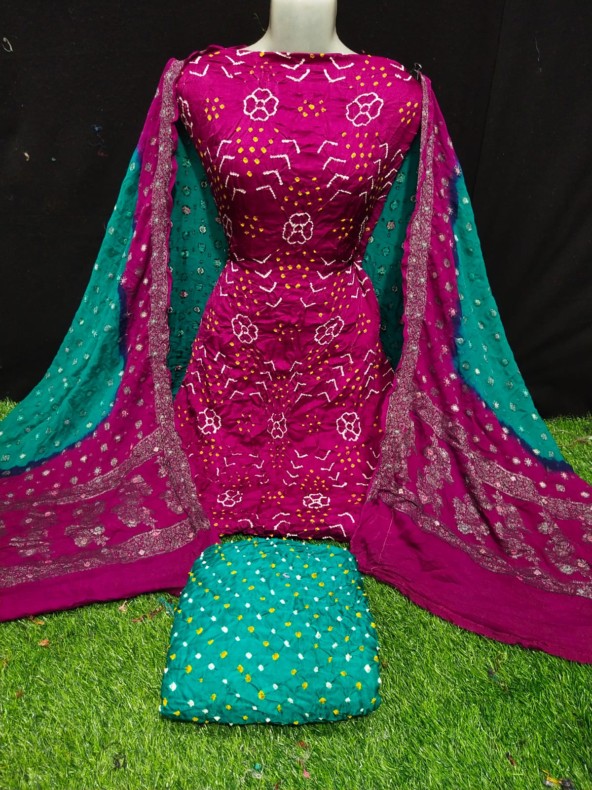 Pure Gajji Silk fancy Bandhej Suits with Georgette Buti on Dupatta
