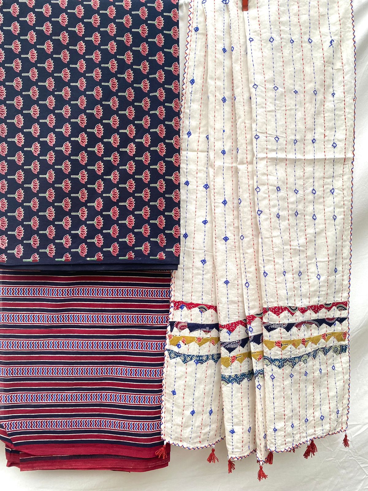 Ajrakh print Suit materials with hand kantha mul dupatta