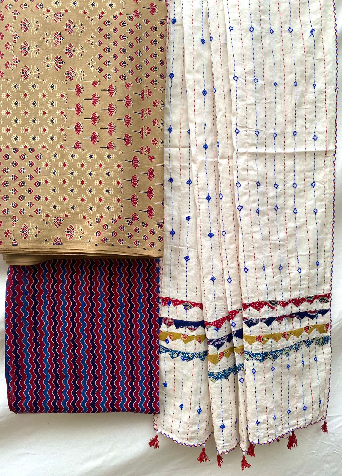 Ajrakh print Suit materials with hand kantha mul dupatta