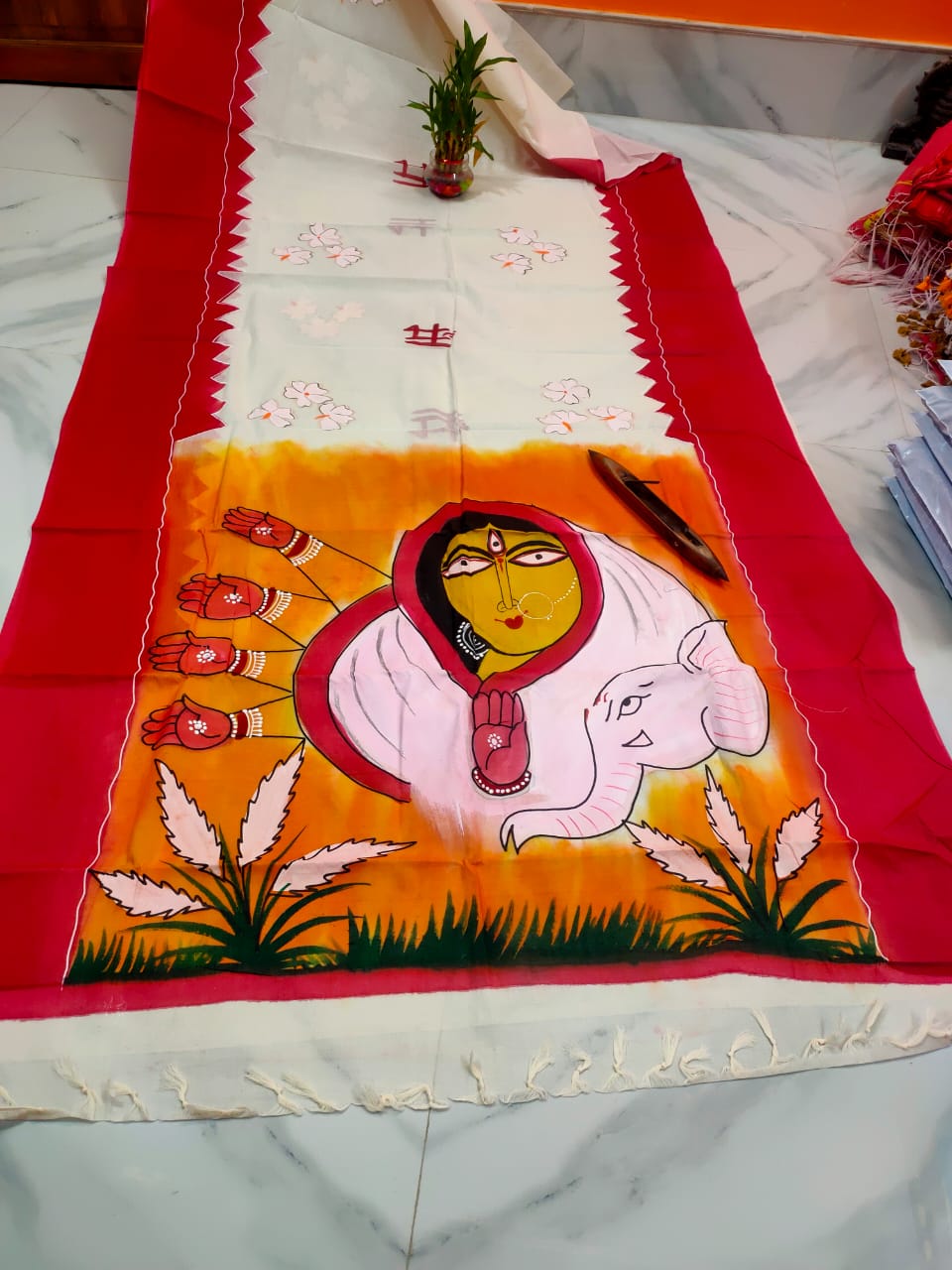 Pure Dhonekhali Taant Cotton Saree with Patochitro Painting