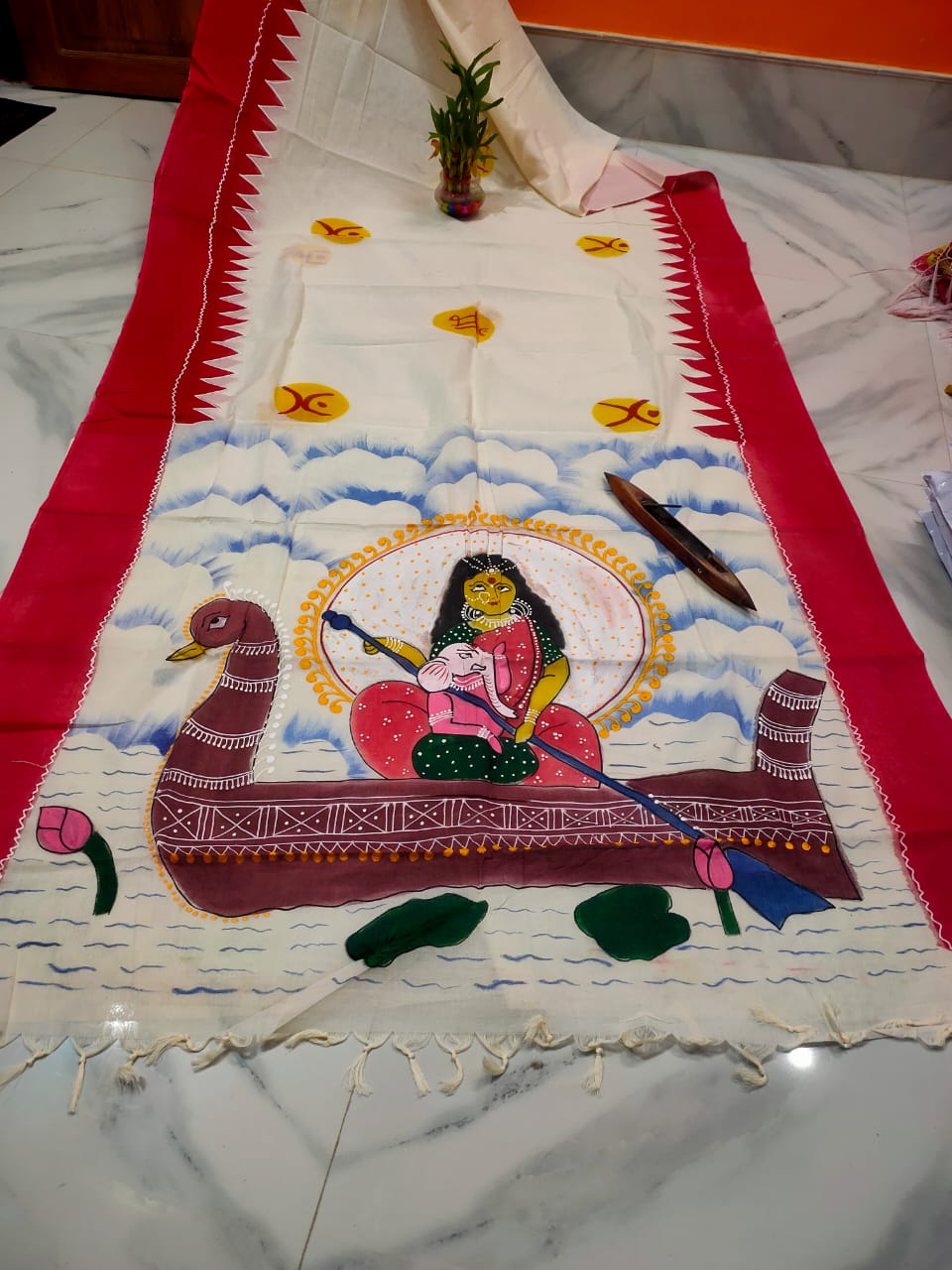 Pure Dhonekhali Taant Cotton Saree with Patochitro Painting