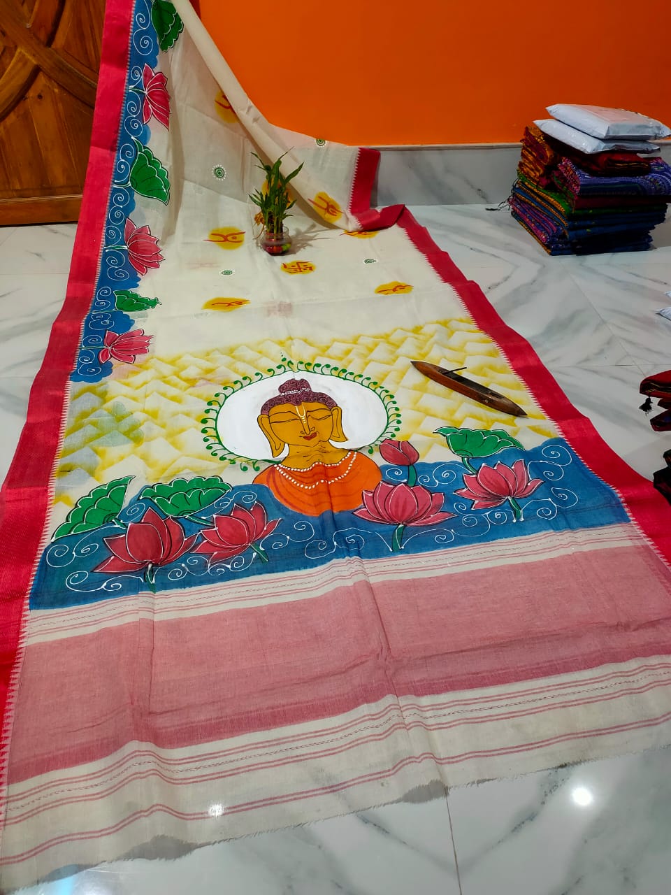 Pure Dhonekhali Taant Cotton Saree with Patochitro Painting