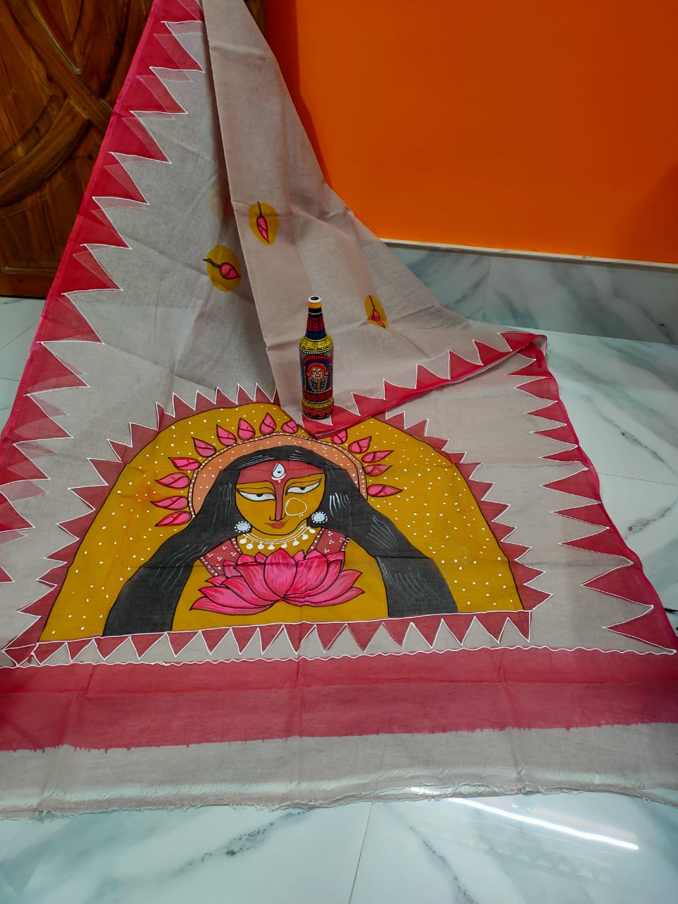 Pure Dhonekhali Taant Cotton Saree with Patochitro Painting