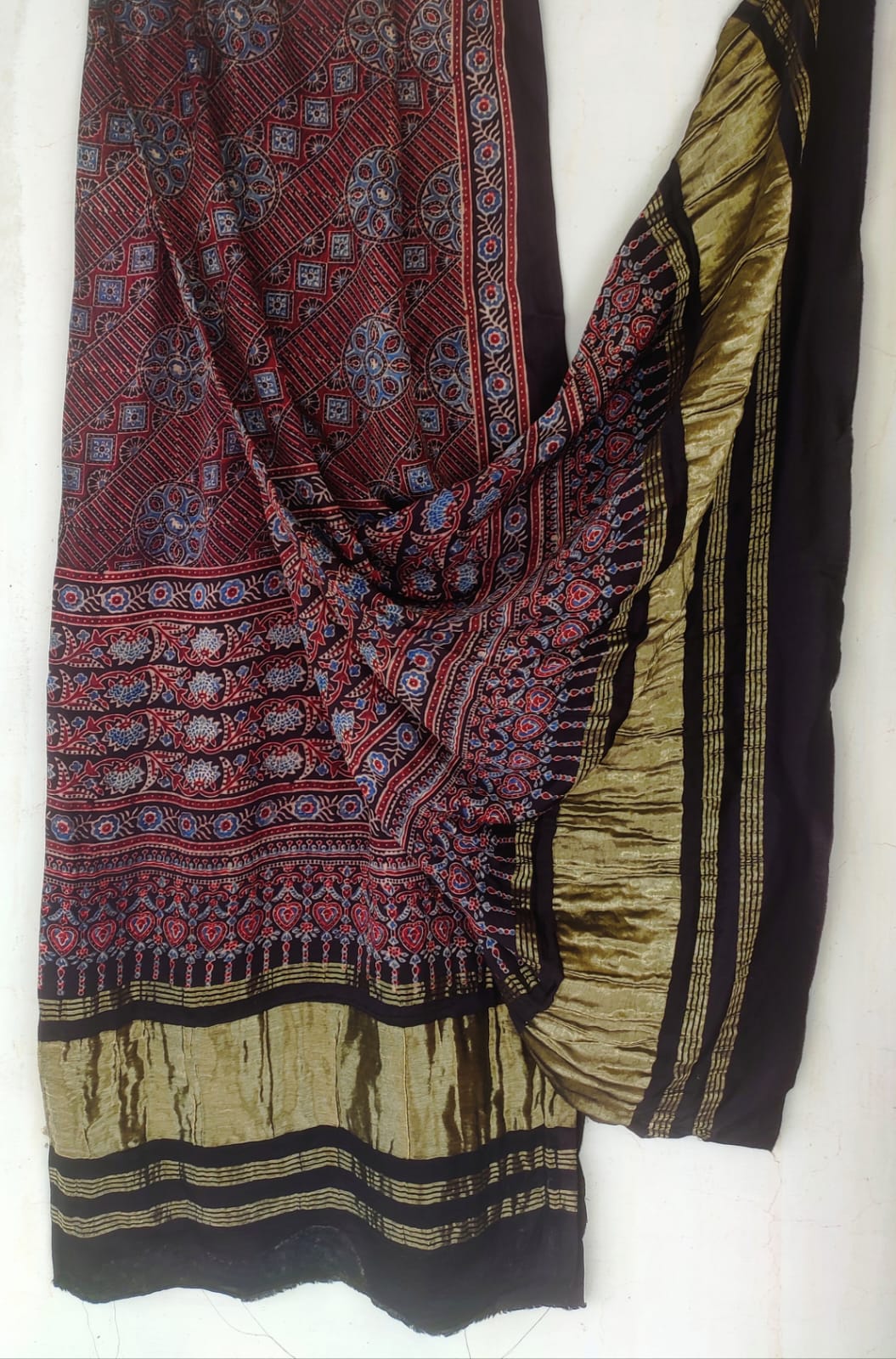Ajrakh hand block printed Modal silk dupatta with Zari pallu
