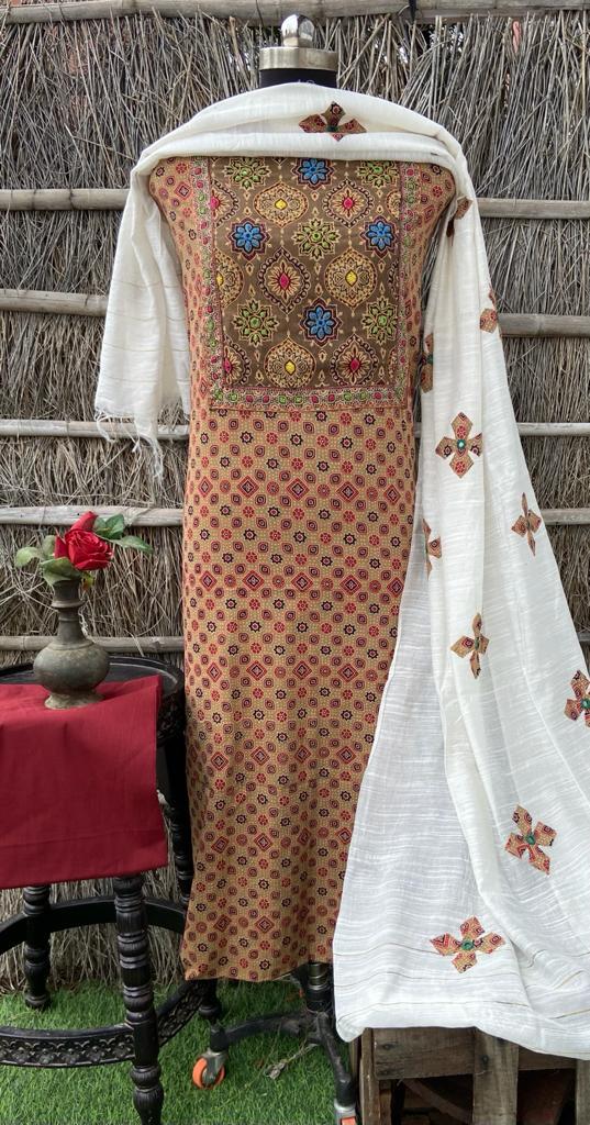 Ajrakh hand work mirror with aari work patch Suit Material