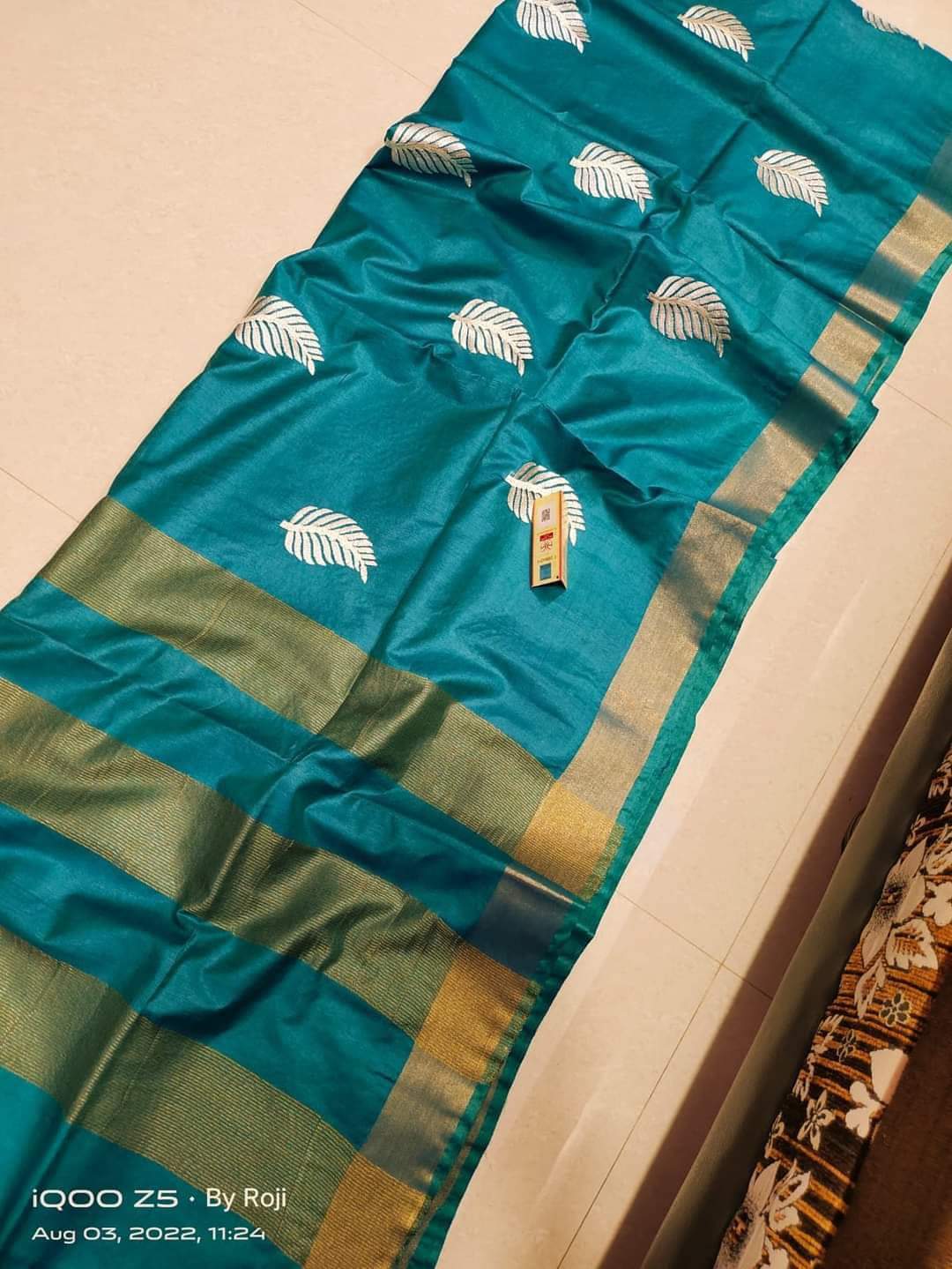 Pure tussar Linen embroidery work Saree with golden Zari border