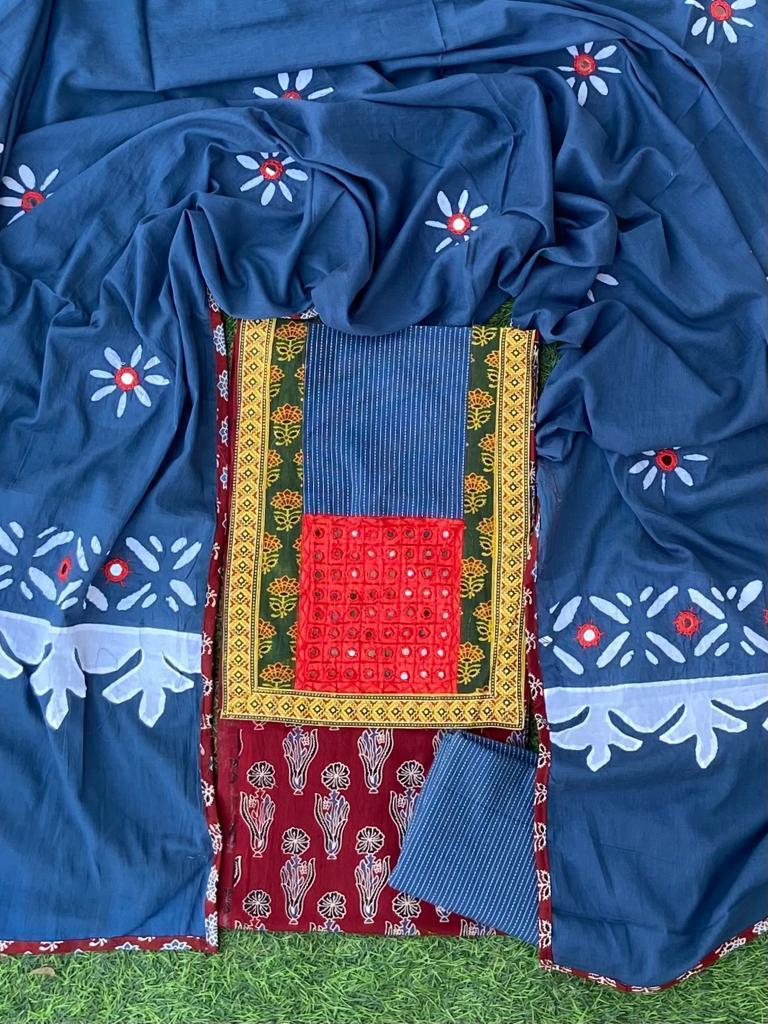 Ajarakh print top with hand applique and mirror work dupatta and kantha bottom