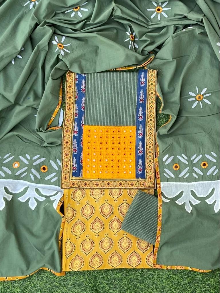 Ajarakh print top with hand applique and mirror work dupatta and kantha bottom