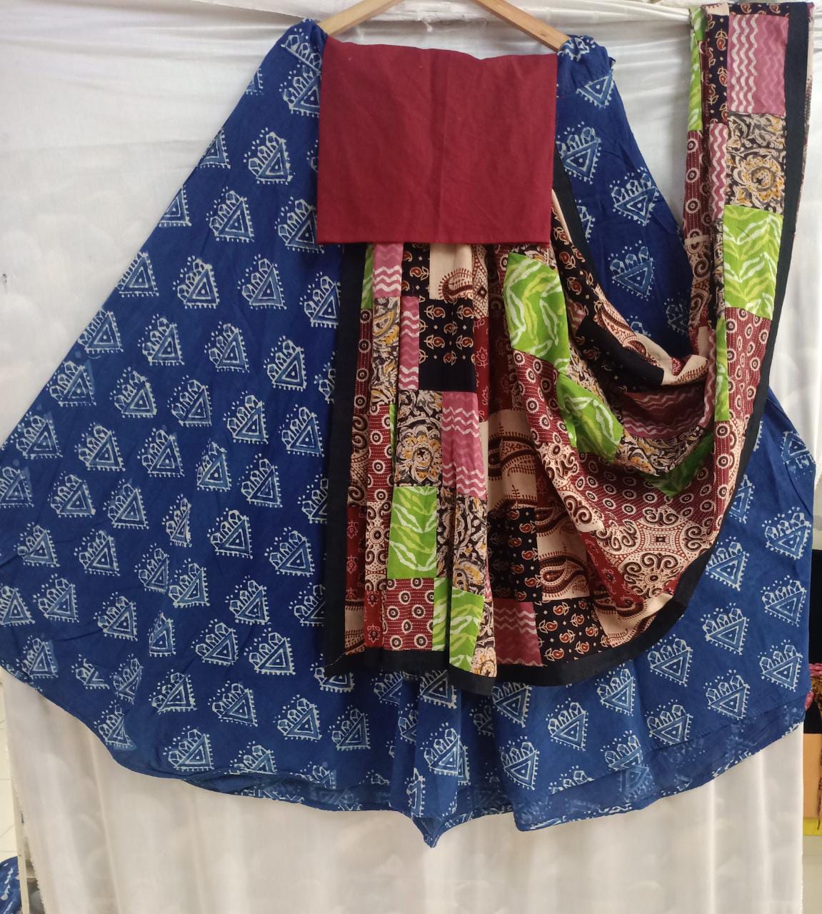 Indigo handblock cotton skirt with patch work cotton dupatta and cotton blouse