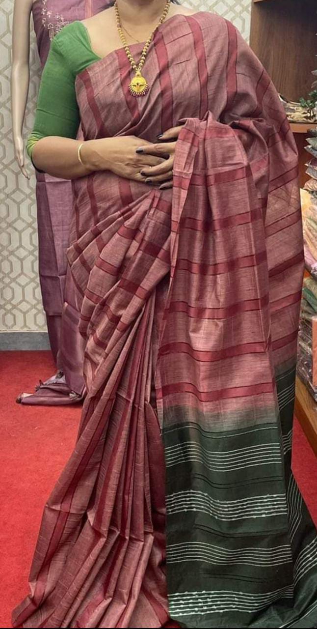 Semi Tussar silk saree with flag strip body and hand beading pallu