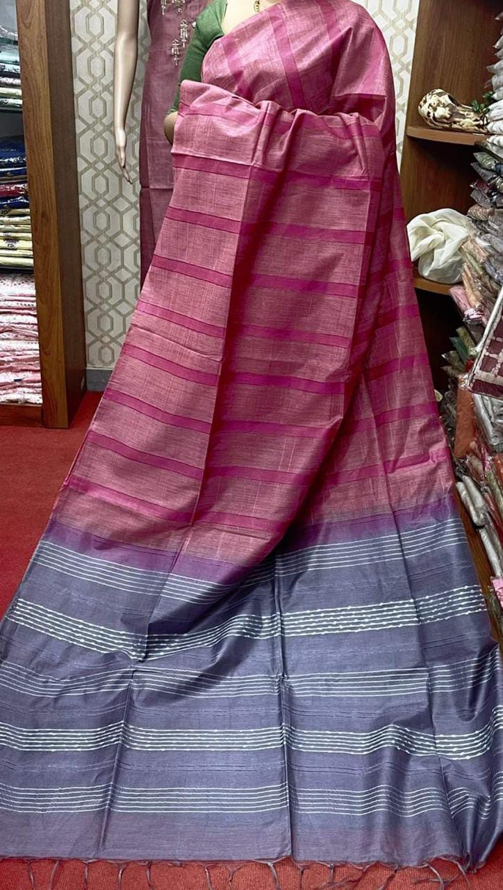 Semi Tussar silk saree with flag strip body and hand beading pallu