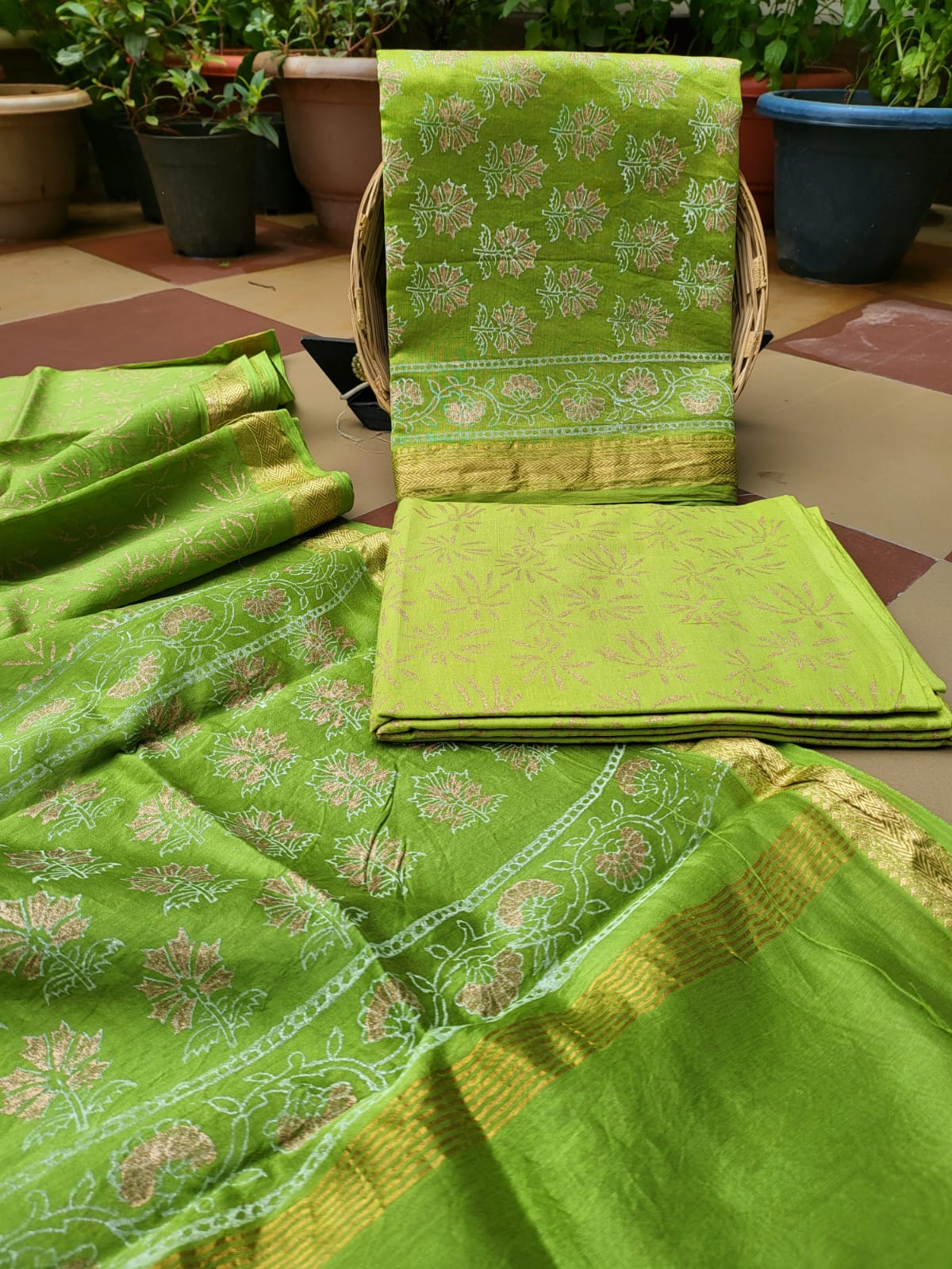 Hand Block gold print and kalamkari Printed Maheshwari Silk Dress Material
