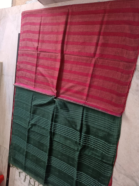 Semi tussar silk saree with white flag strip body and hand beading pallu