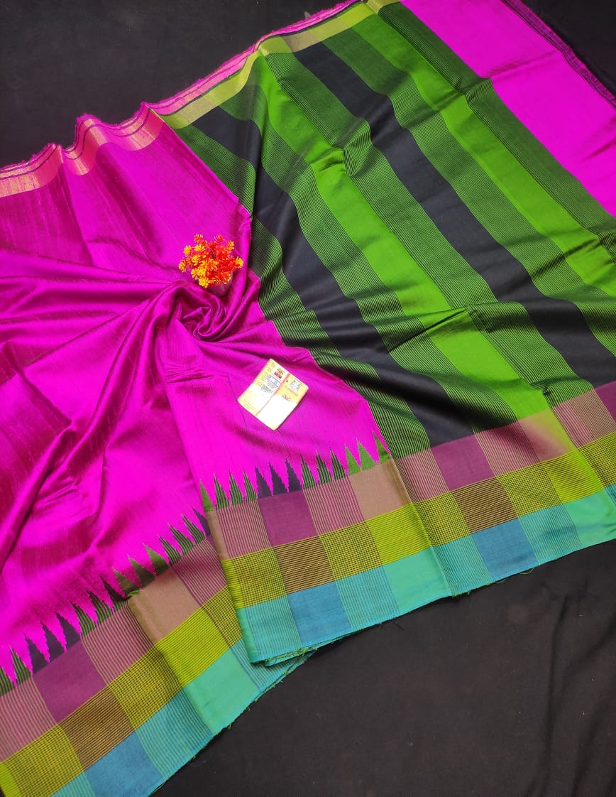 Raw silk multi temple border with contrast pallu blouse