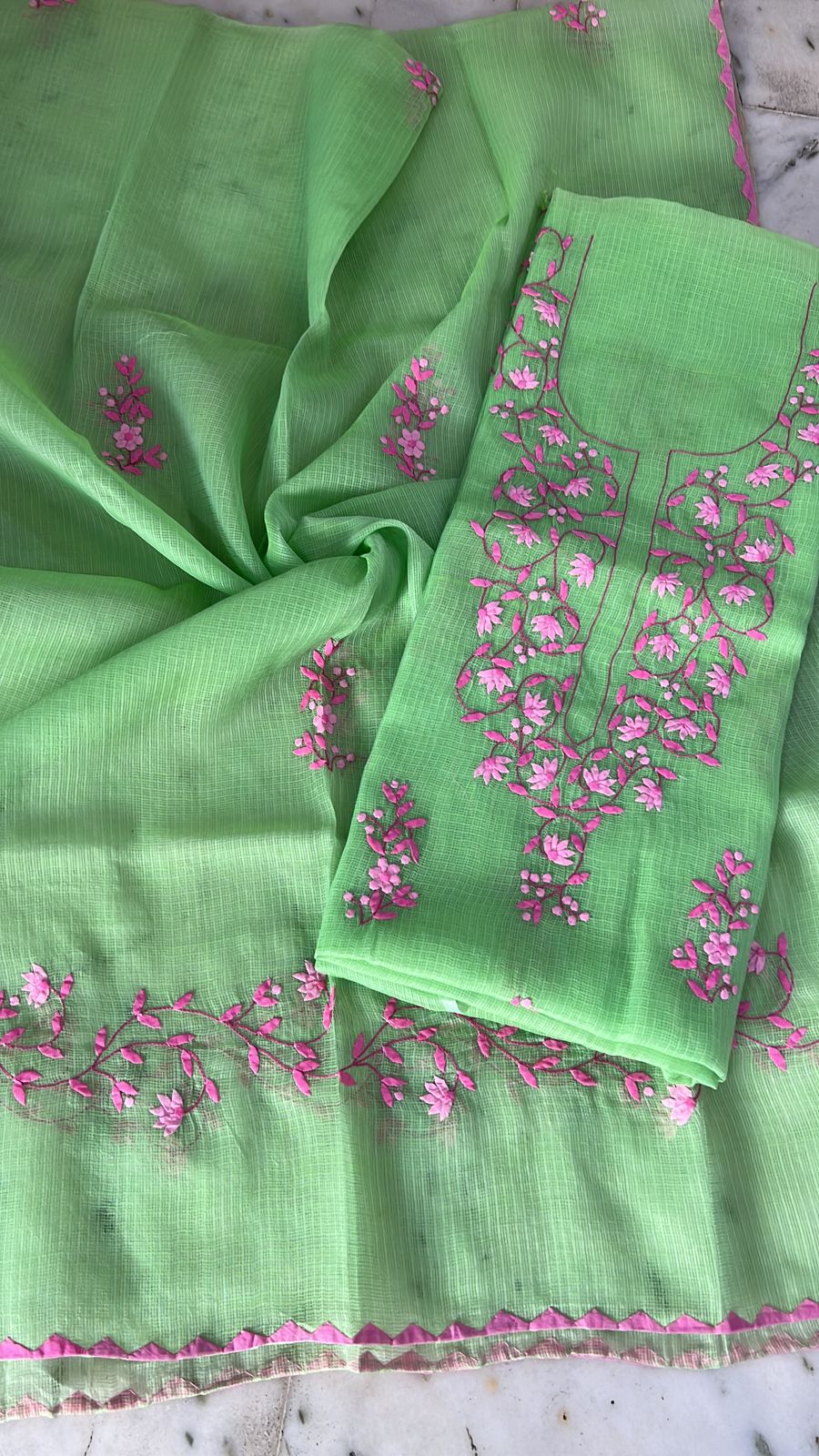 Kota Cotton Phool Patti Embroidered top and dupatta