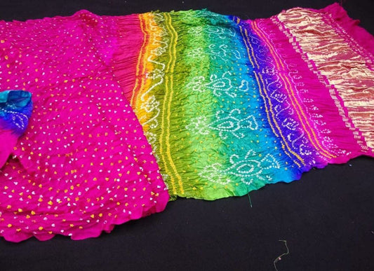 Pure gajji silk barik bandhej designer saree with multi-coloured zari pallu saree