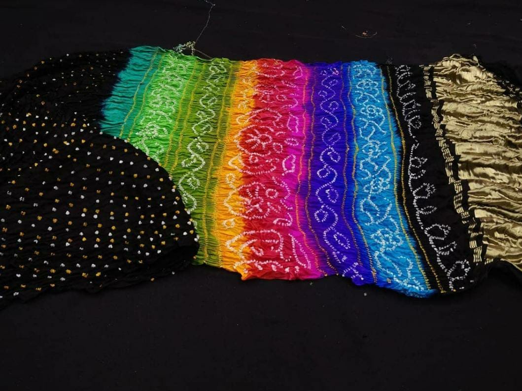 Pure gajji silk barik bandhej designer saree with multi-coloured zari pallu saree