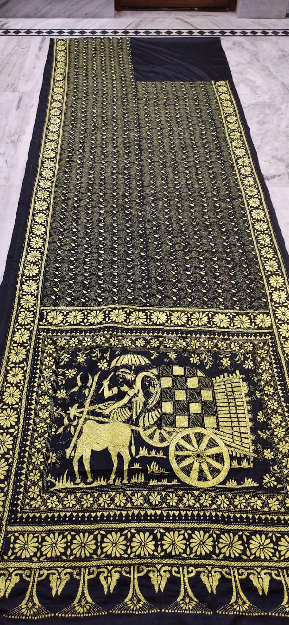 Kantha stitched blended Bengaluru silk saree