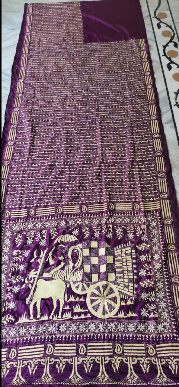 Kantha stitched blended Bengaluru silk saree