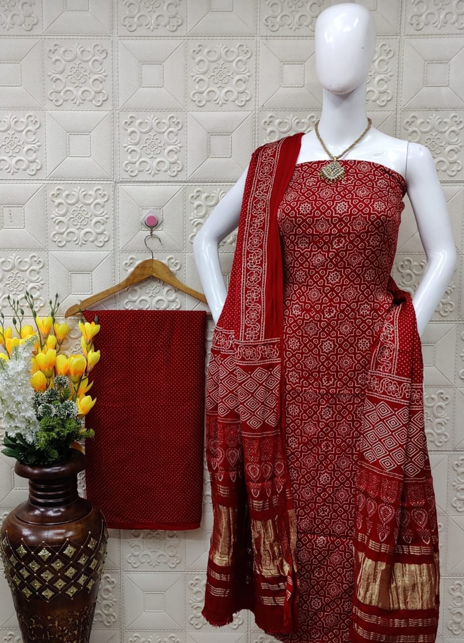 Ajrakh hand printed Modal Gajji Silk Suit Materials