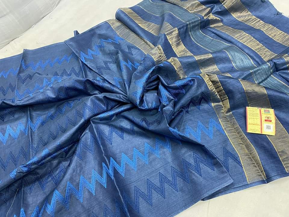 Embroidered semi tussar silk saree with golden zari pallu