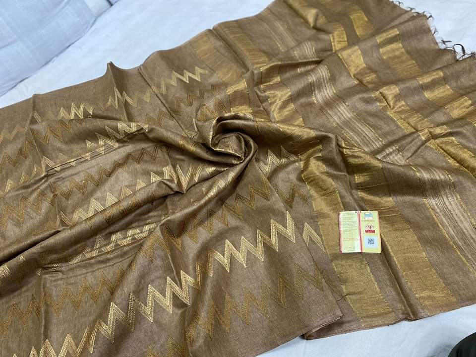 Embroidered semi tussar silk saree with golden zari pallu