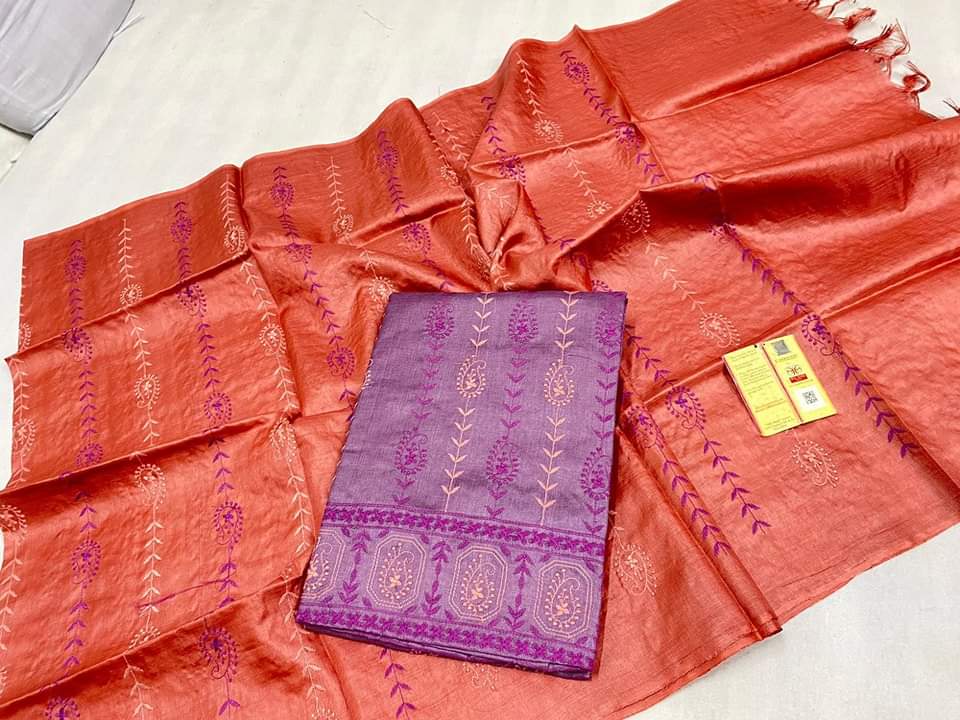 Embroidered semi tussar linen dress materials