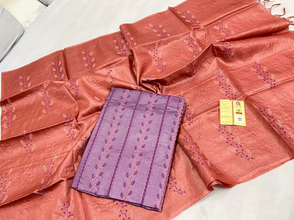 Embroidered semi tussar linen dress materials