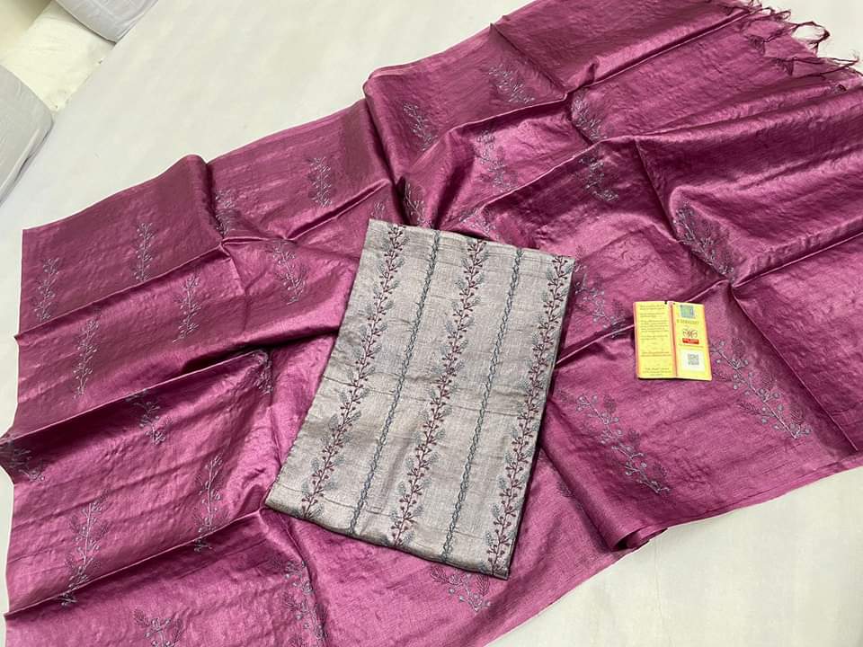 Embroidered semi tussar linen dress materials