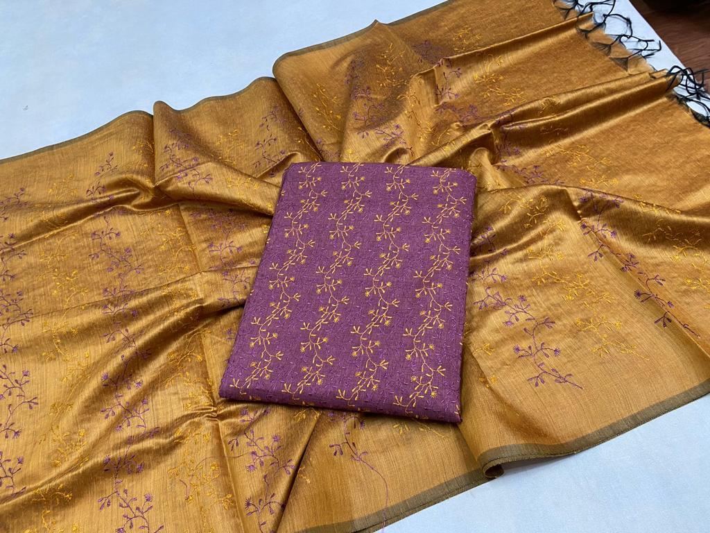 Embroidered semi raw silk top dupatta and bottom