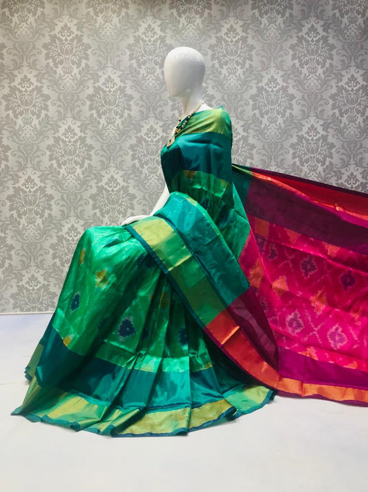 Pure ikat soft silk sarees with contrast pallu and blouse