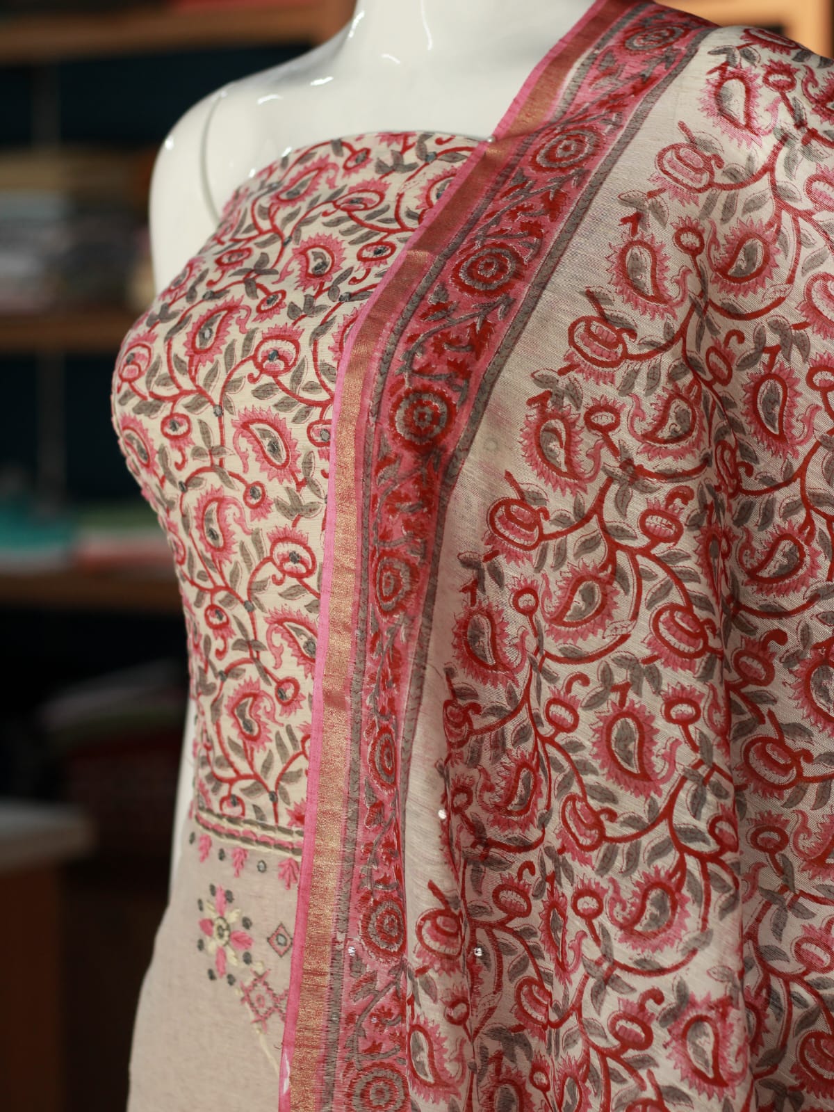 Chanderi cotton dress materials with block print mirrorwork