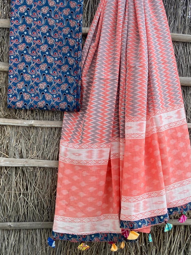 Sanganeri pure cotton dupatta patch up with Ajrakh border and Ajrakh printed top